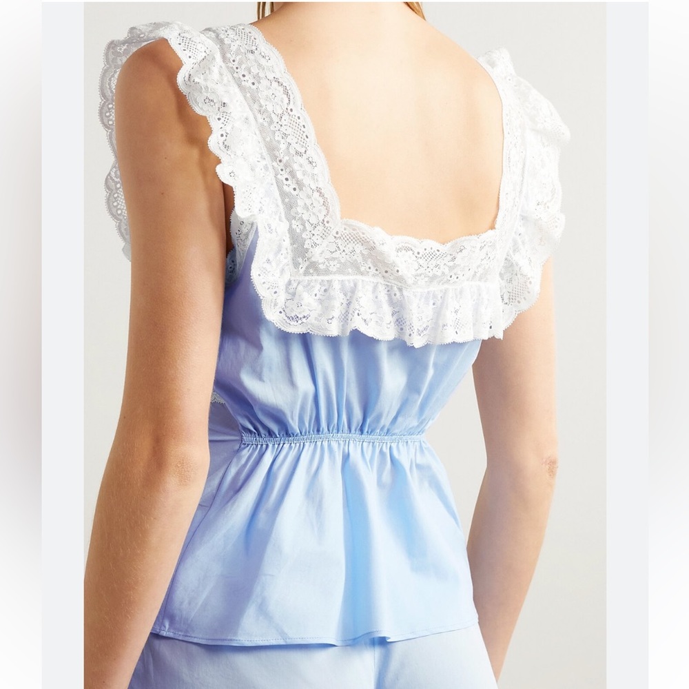 LORETTA CAPONI - GIORDANA LACE-TRIMMED PINTUCKED COTTON-VOILE TANK - BLUE
